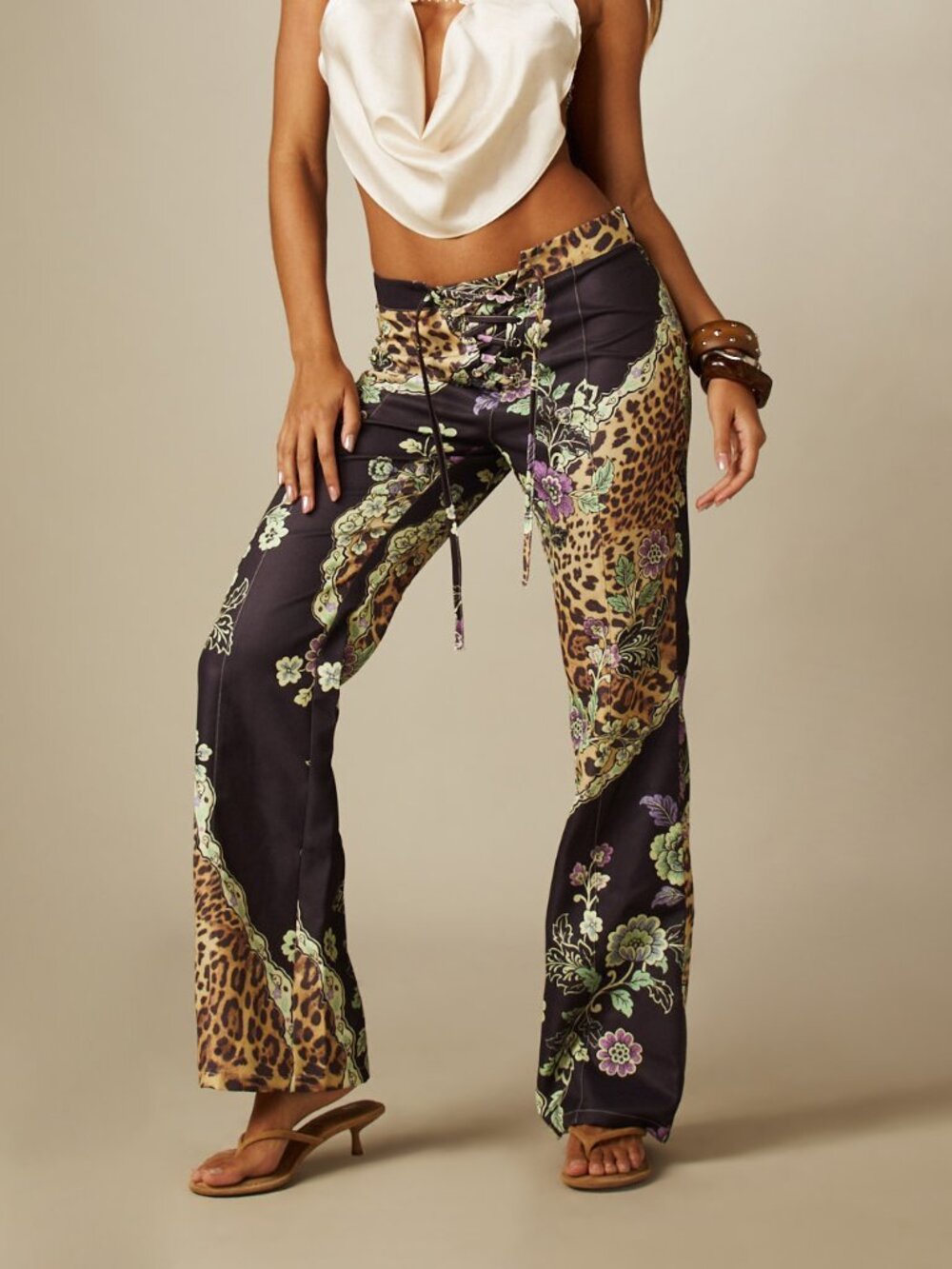 Multicolor Boho Women's Baroque Pattern Low Rise Flared Pants - Picture 4 of 5